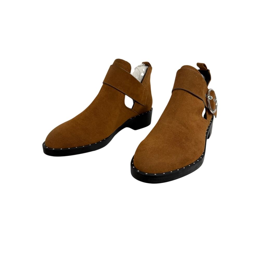 Western Boho Cognac Suede Ankle Boot Silver Buckle Studs Sole BlockHeel Sz 6.5 7